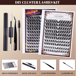 Full DIY eyelash extension kit with D-curl clusters, bond and seal glue, and tweezers
