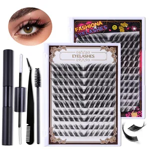 DIY cluster eyelash extension kit with glue and tools for a dense cat-eye look