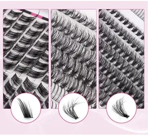 Detailed macro view of three distinct DIY lash cluster styles in a 604 cluster lash book