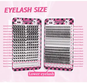 Detailed size chart for individual DIY eyelash clusters ranging from 5mm to 16mm lengths