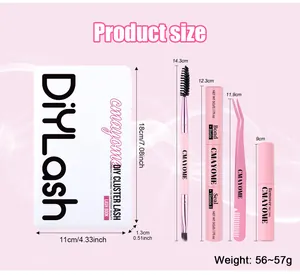 Detailed size chart for DIY lash extension kit with storage box and tools measurements