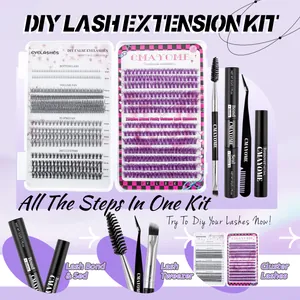 Comprehensive DIY eyelash extension kit with purple clusters, glue, seal, and tweezers