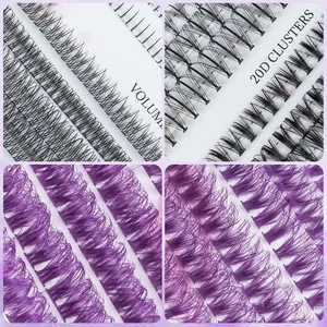 Mix of 20D black and purple cluster lashes for voluminous professional DIY eyelash extensions