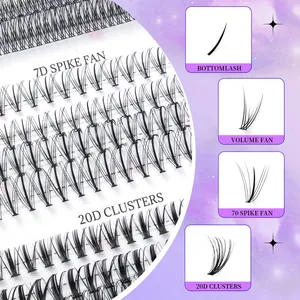 DIY colored cluster eyelashes set including 7D spike fans and 20D lash clusters