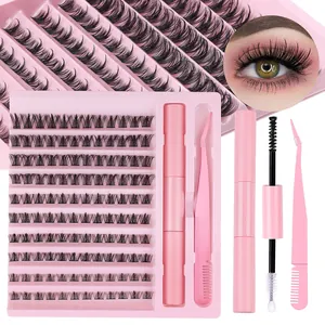 Kit d'extension de cils DIY avec 120 bouquets, colle et pince dans un étui rose chic