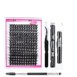 DIY cluster eyelash extension kit with 10-16mm lashes, bond seal glue, and tweezers