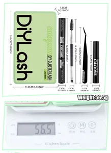 Vista detallada del kit de pestañas DIY con dimensiones del producto y peso del set completo