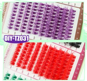 Detalle de racimos de pestañas postizas de colores violeta y rojo con curvatura DD