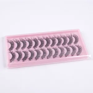 Detailed view of 20 pairs of Russian volume false eyelashes in a pink display tray