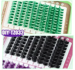 Detalle de pestañas postizas DIY en colores verde, negro y morado con varios tamaños