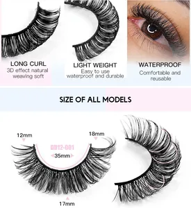 Detailed size chart for 3D Russian curl eyelashes showing 12mm-17mm length and 35mm width