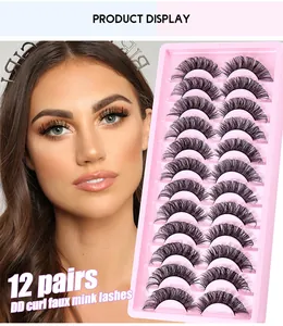 Detail of 12 pairs DD curl faux mink lashes on model and pink tray display