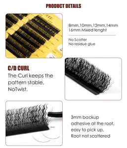 Detail van C en D krul kunstwimpers met 8-16mm gemengde lengtes en zelfklevende wortels