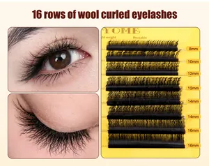 Detailoverzicht van 16 rijen pluizige wollen wimperclusters in lengtes van 8 mm tot 16 mm