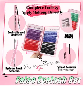 Kit d'extensions de cils DIY avec colle, pince et cils colorés de différentes tailles