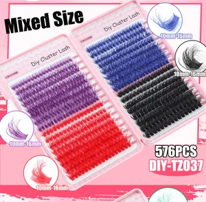 Détail de faux cils individuels colorés en violet, bleu et noir, longueurs de 10mm à 16mm
