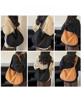 Bolsos hobo de ante en negro y marrón mostrados desde varios ángulos en una modelo