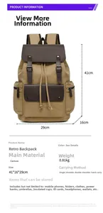 Especificaciones de tamaño para la mochila grande de lona vintage caqui con medidas