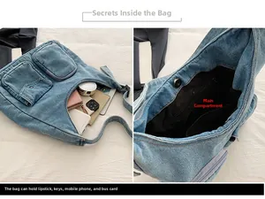 Vue détaillée du sac cabas en denim avec plusieurs poches et grand compartiment