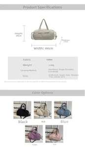 Schema tecnico con larghezza di 44cm e peso di 0,43kg per la borsa da viaggio in nylon