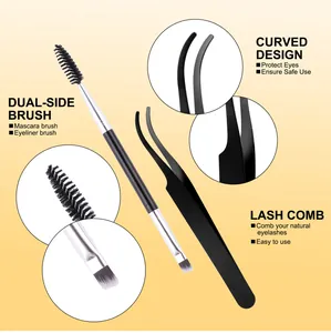 Detailweergave van de dubbelzijdige make-up borstel en gebogen pincet met zoomcirkels