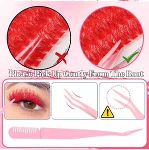 Détails des faux cils rouges DIY avec applicateur rose et guide de pose sur la racine