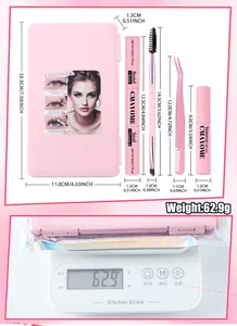 Kit d'extension de cils rose avec colle, pince et brosse, incluant dimensions et poids