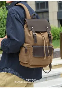 Detail of vintage canvas backpack with leather straps and breathable honeycomb back design