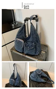 Vues détaillées du sac cabas en denim bleu foncé avec poches sur une valise