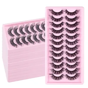 12 pairs of Russian D-curl false eyelashes with thick faux fiber layers on pink trays