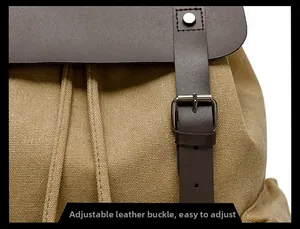 Detalle de mochila vintage de lona con hebilla de ajuste de cuero y herrajes metálicos