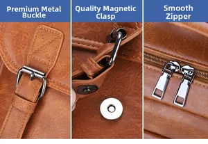 Details hochwertiger brauner Ledertasche mit Metallschnalle und leichtgängigen Reißverschlüssen
