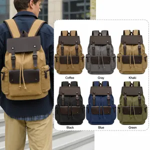 Mochila de Lona Vintage Gran Capacidad Bolsa para Portátil Retro Mochila de Viaje Con Solapa y Cordón Para Hombres Mujeres Escuela Senderismo