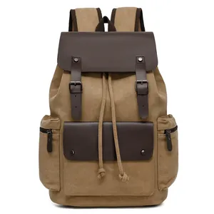 Retro khaki canvas backpack with brown leather flap and large capacity drawstring design