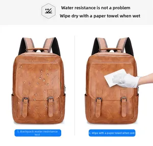 Wasserabweisender brauner PU-Lederrucksack zeigt Wassertropfen und einfache Reinigung