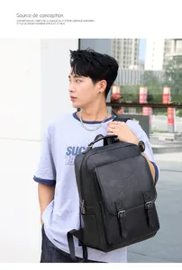 Seitenansicht des schwarzen Business-Rucksacks für Herren mit Struktur und Schnallen