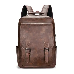 Herren Wasserabweisender PU Leder Rucksack Große Kapazität Vintage Business Laptop Tasche Mit Gürteldekoration Für Reise Büro