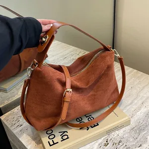 Sac Boston Rétro en Daim Synthétique pour Femmes Grande Capacité Sac à Épaule Vintage Sac à Main Hobo pour Navette