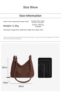 Size chart for vintage suede tote bag with dimensions 30x25x10cm and internal structure