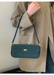 Détail du sac baguette rétro en daim bleu sarcelle avec boucle dorée sur un trench-coat