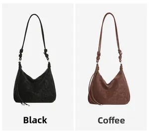 Detailed comparison of black and coffee suede tote bags with chic double knot strap detail