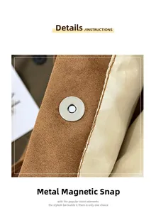 Gros plan du fermoir magnétique en métal sur un sac fourre-tout en daim marron avec couture