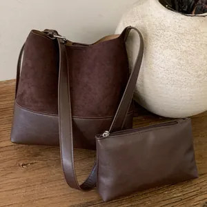 Retro large capacity tote bag set in dark brown suede and smooth leather texture