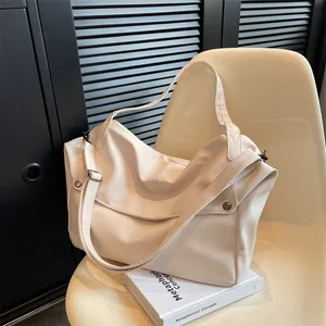 Large cream white lychee leather tote bag with flap and rivets for daily commuting