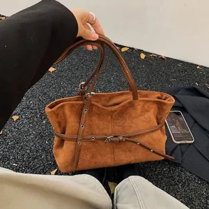 Sac Fourre-Tout Rétro Femme Grande Capacité Cuir PU Aspect Daim Sac à Épaule Avec Boucle de Ceinture Urbain Bureau