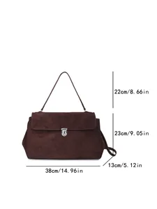 Detailed size chart of the large suede tote bag with precise measurements for dimensions