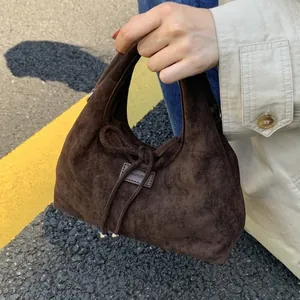 Damen Wildleder Kunstleder Tragetasche Mit Schleife Kordelzug Große Kapazität Umhängetasche Koreanischer Stil Retro Beuteltasche