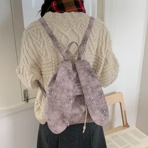 Vintage lavender tote backpack with bunny ears and silver star patterns for women