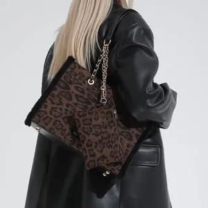 Women's Leopard Print Tote Bag Set Large Capacity PU Leather Handbag With Faux Fur Trim Chain Shoulder Bag For Daily Casual Office