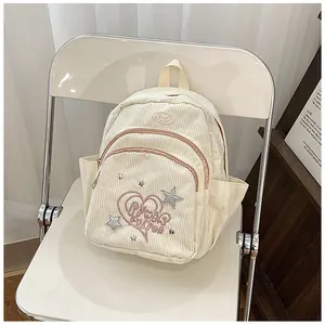 Détail du mini sac à dos en velours côtelé crème avec broderie cœur et étoiles